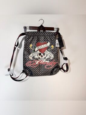 Ed Hardy Black Drawstring Unisex Backpack with Red Skull Heart Graphic NWT